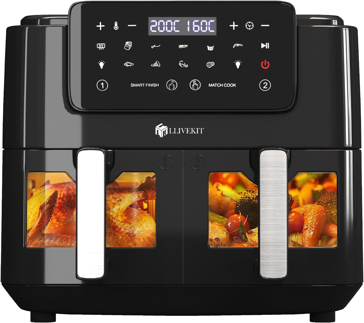1 LLIVEKIT Dual Zone Hot Air Fryer with Viewing Window, 9L XXL Airfryer without Oil, Air Fryer with 9-in-1 Cooking Settings, 2 Drawers, Touch Screen, Smart and Timer Function, Healthy Fryer and Low-Fat - Image 1