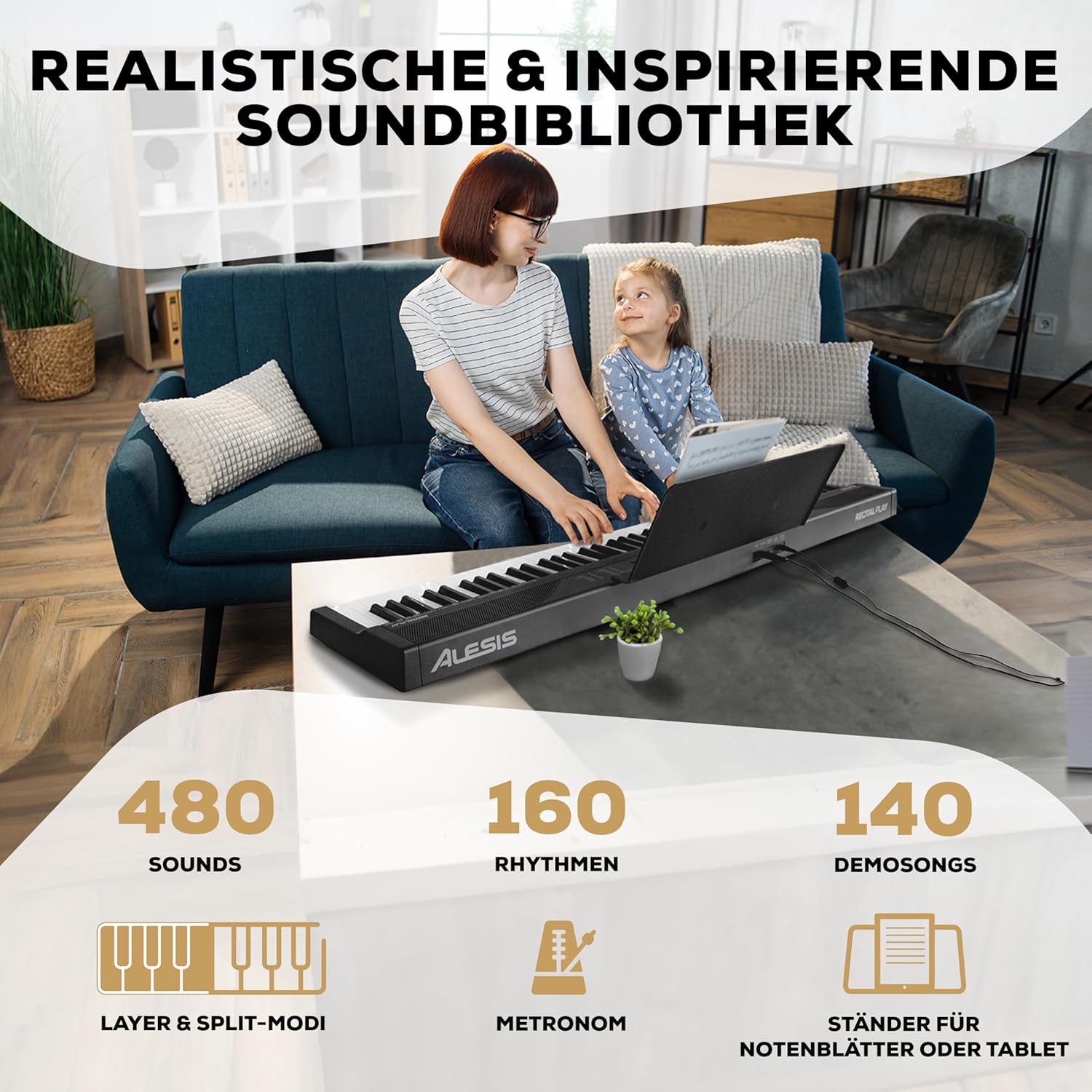 2 Alesis Keyboard Electric Piano with 88 Keys, 480 Sounds, Speakers, USB MIDI, Notes/Tablet Tray, Power Adapter & Piano Lessons for Beginners - Image 2