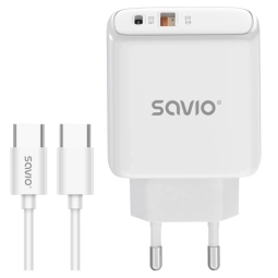 Product_128833_1 Lādētājs SAVIO Wall Charger 20 W 1× USB-A, 1× USB-C with USB-C 1m cable - Image 1