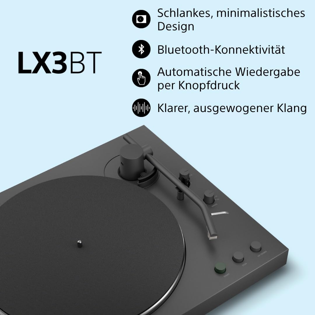 2 Sony PS-LX3BT Wireless Bluetooth Turntable with Fully Automatic Playback, Hi-Res Audio, Belt Drive, Built-in Phono Preamp, 2 Speeds and Dust Cover - Black - Image 2