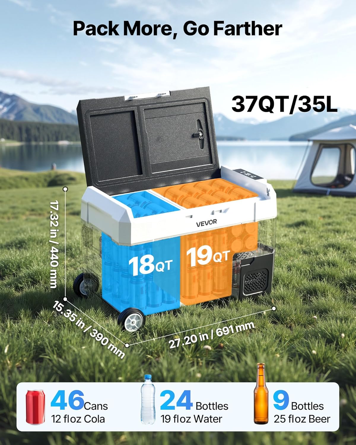 2 VEVOR Compressor Cool Box Dual 12/24V DC 100-240V AC, Car Refrigerator 35L with App Control & Wheels & 2 Temperature Zones (-20°C to 20°C), Portable Fridge for Motorhomes, Boats, Camping, Fishing - Image 2