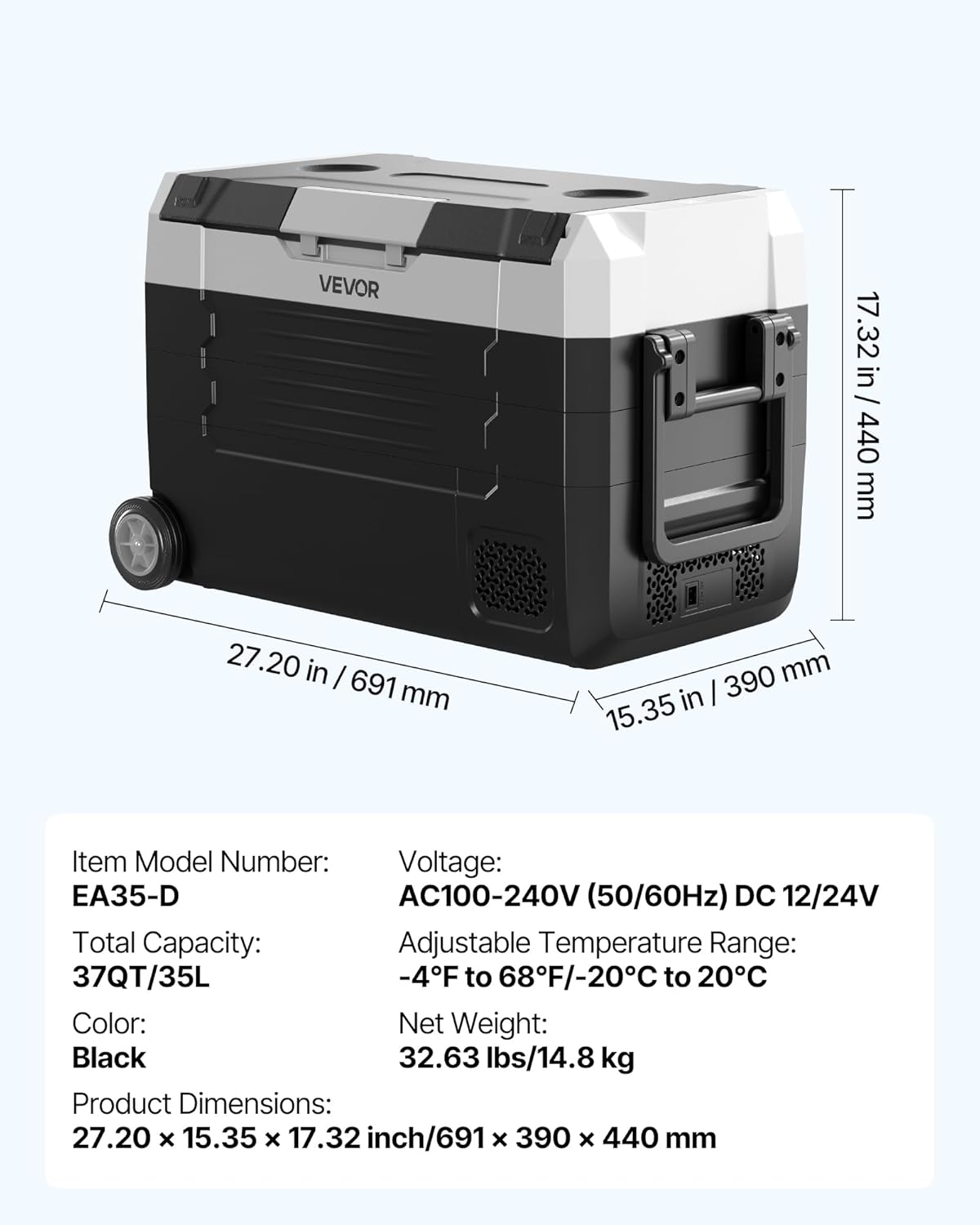 6 VEVOR Compressor Cool Box Dual 12/24V DC 100-240V AC, Car Refrigerator 35L with App Control & Wheels & 2 Temperature Zones (-20°C to 20°C), Portable Fridge for Motorhomes, Boats, Camping, Fishing - Image 6